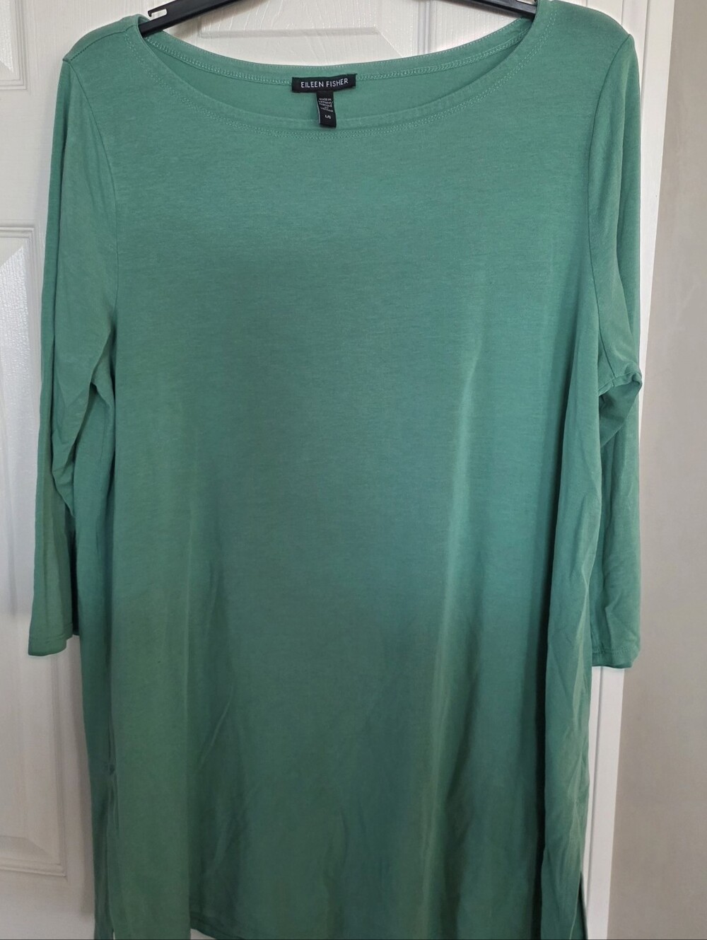Eileen Fisher Tencil Sage Green Stretch Jersey Bateau Neck Tunic 3/4 Sleeve L